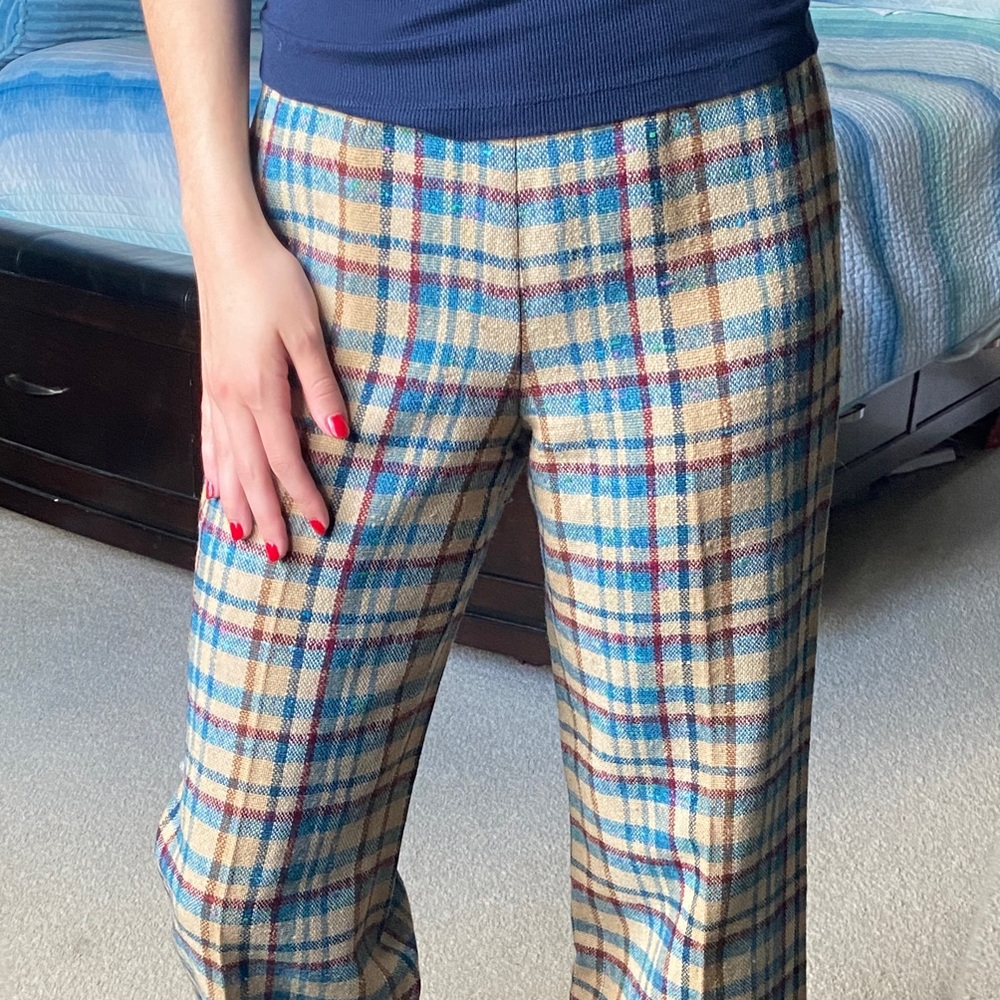 Vintage Pendleton Rare 100% Virgin Wool Checked Wide Leg Pants in Blue & Tan - Picture 2 of 10